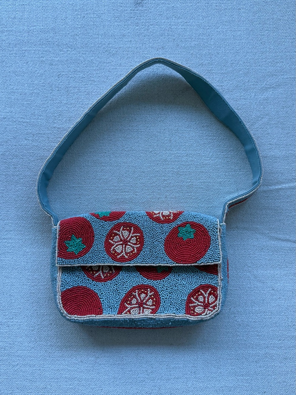 Anthropologie Beaded Blue Shoulder Bag with Red & Teal Motifs